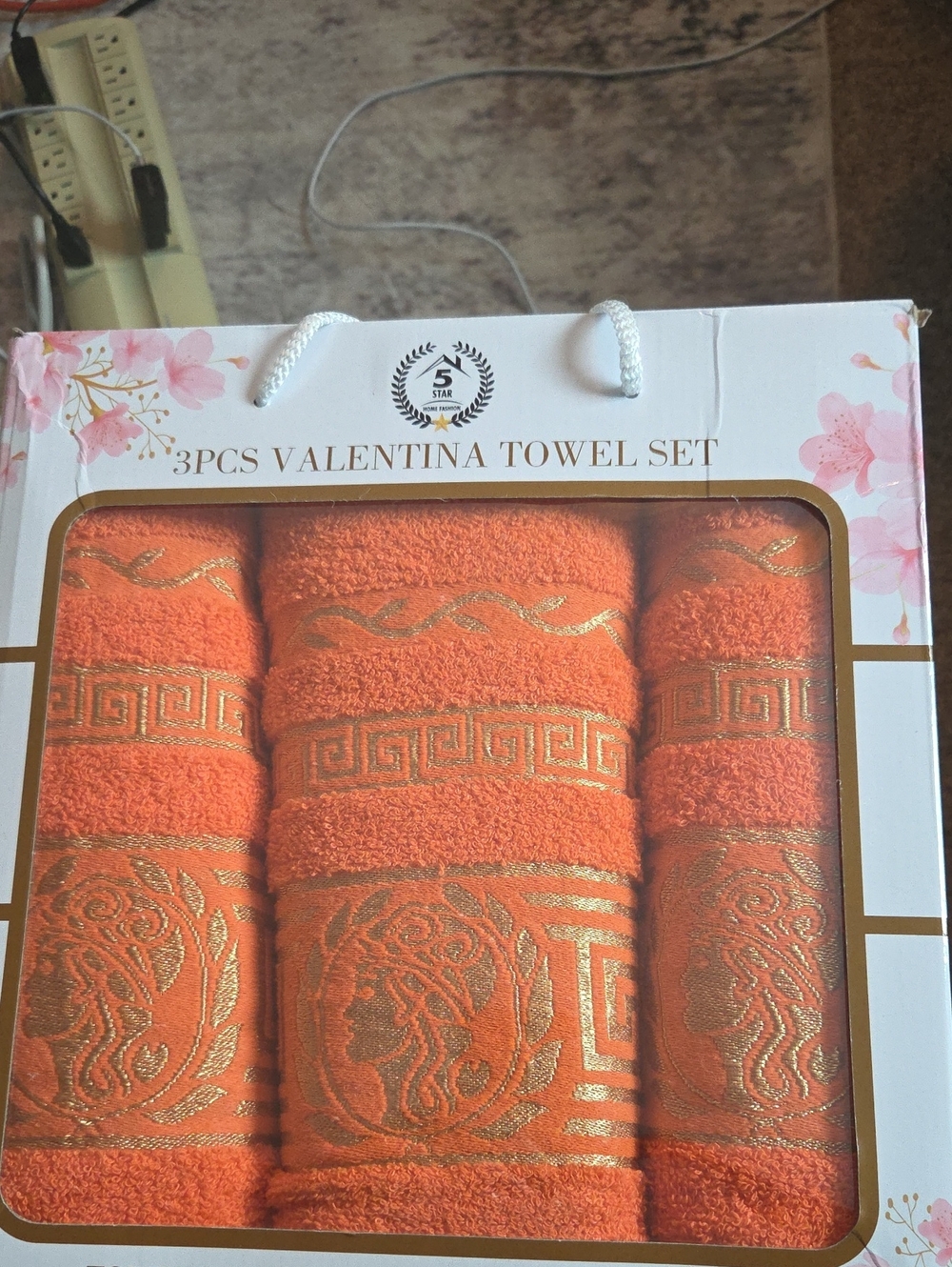 Valentina Gold-Embroidered Orange Towel Set